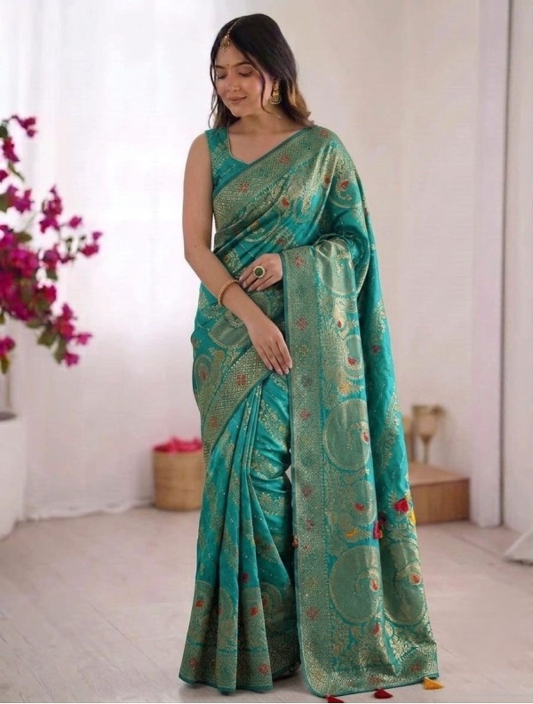 Teal Green & Contrast Navy Blue Banarasi Silk Saree (with Zari Woven Border & Meenakari Motifs
