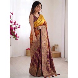 Dual-Shade Mustard Yellow & Wine Purple Banarasi Silk Saree with Zari Motifs