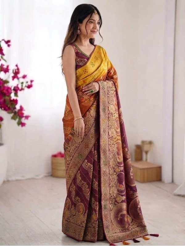 Dual-Shade Mustard Yellow & Wine Purple Banarasi Silk Saree with Zari Motifs