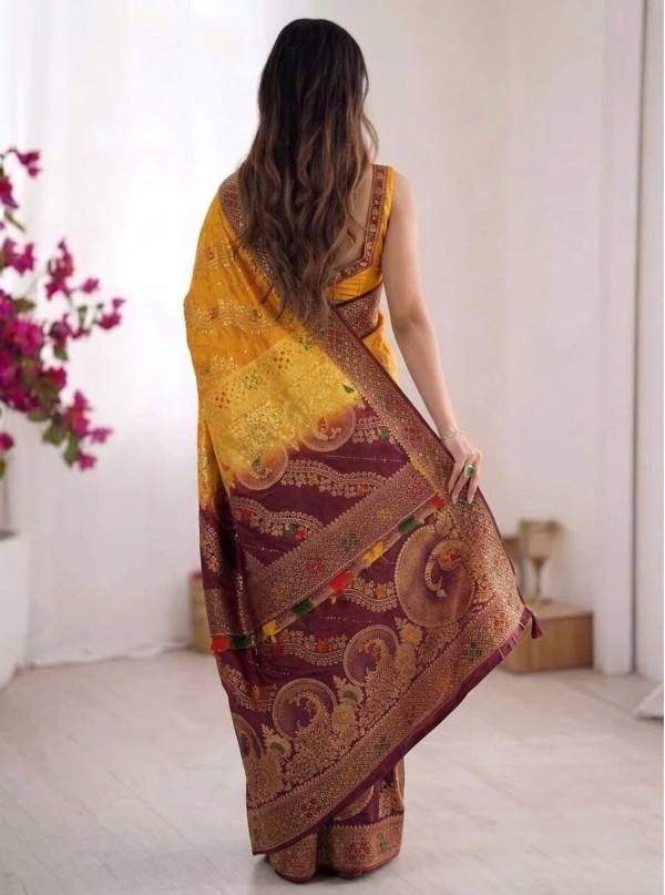 Dual-Shade Mustard Yellow & Wine Purple Banarasi Silk Saree with Zari Motifs