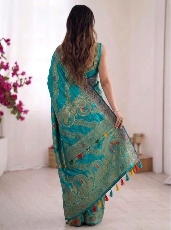 Teal Green & Contrast Navy Blue Banarasi Silk Saree (with Zari Woven Border & Meenakari Motifs