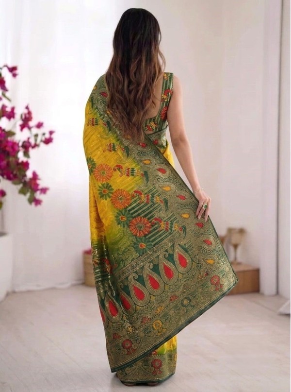 Bright Yellow Silk Saree with Bottle Green Floral Zari Border & Floral Pallu