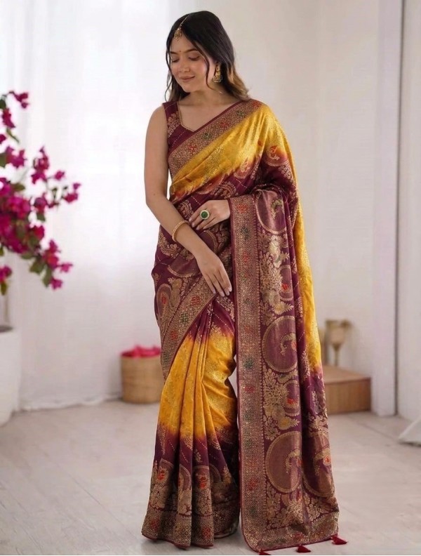 Dual-Shade Mustard Yellow & Wine Purple Banarasi Silk Saree with Zari Motifs