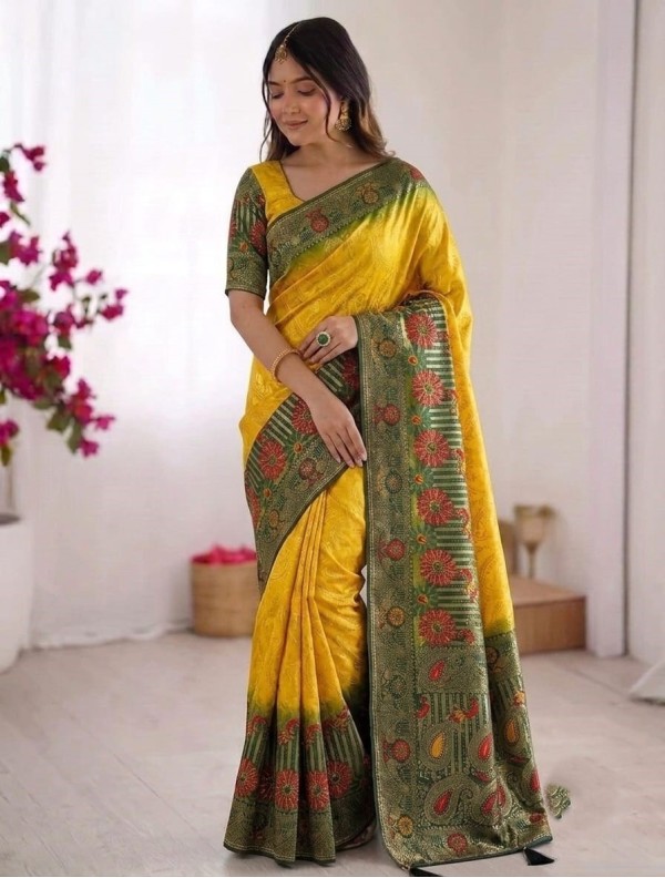Bright Yellow Silk Saree with Bottle Green Floral Zari Border & Floral Pallu