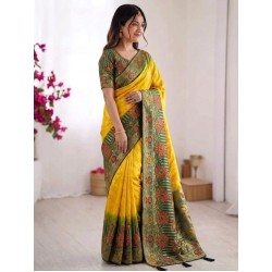 Bright Yellow Silk Saree with Bottle Green Floral Zari Border & Floral Pallu