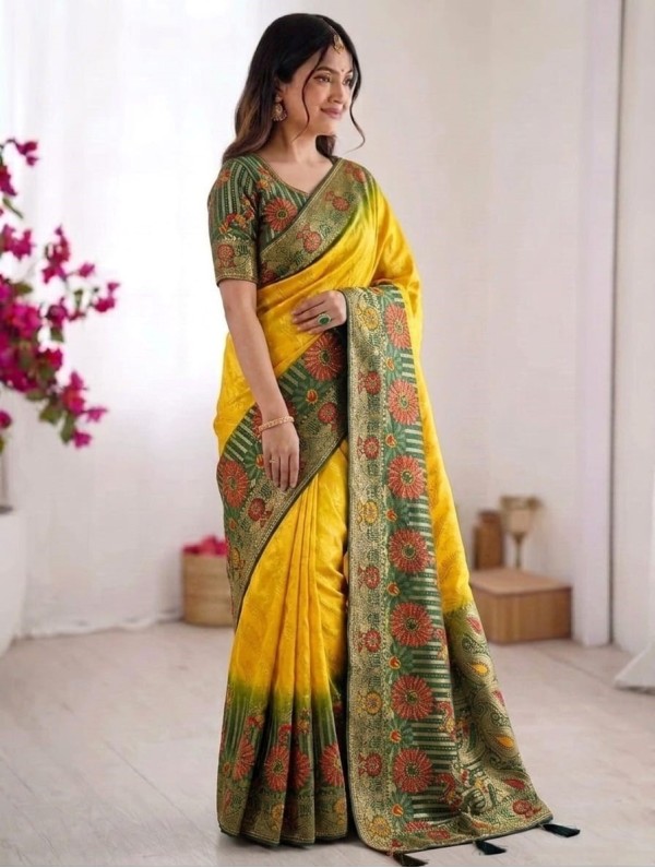 Bright Yellow Silk Saree with Bottle Green Floral Zari Border & Floral Pallu