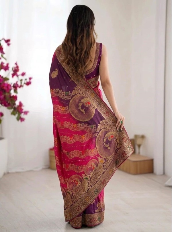 Dual-Shade Rani Pink & Plum Banarasi Silk Saree with Leheriya & Zari Motifs