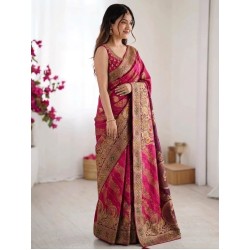 Dual-Shade Rani Pink & Plum Banarasi Silk Saree with Leheriya & Zari Motifs