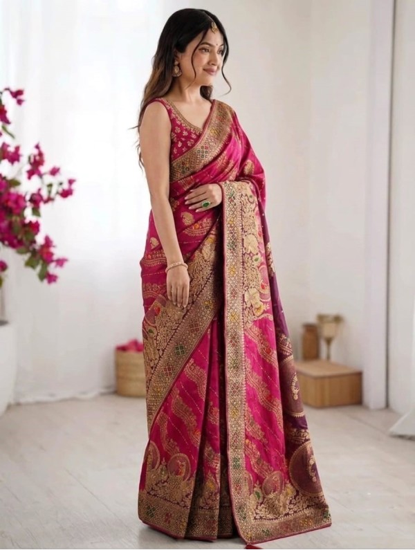 Dual-Shade Rani Pink & Plum Banarasi Silk Saree with Leheriya & Zari Motifs