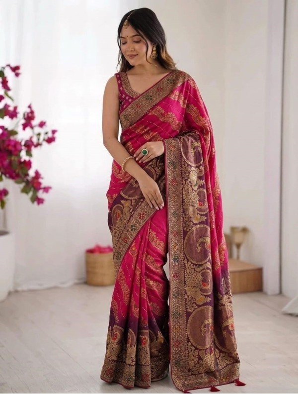 Dual-Shade Rani Pink & Plum Banarasi Silk Saree with Leheriya & Zari Motifs