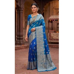 Royal Peacock Blue Dola Silk Saree with Silver Zari Paisley Motifs & Banarasi Woven Border