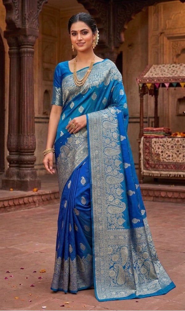 Royal Peacock Blue Dola Silk Saree with Silver Zari Paisley Motifs & Banarasi Woven Border
