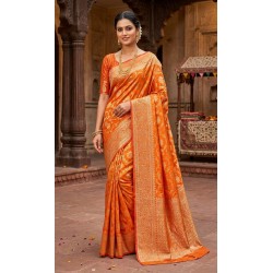 Vibrant Orange Dola Silk Saree with Intricate Zari Weaving & Matching Blouse Piece
