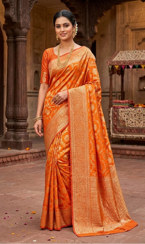 Vibrant Orange Dola Silk Saree with Intricate Zari Weaving & Matching Blouse Piece