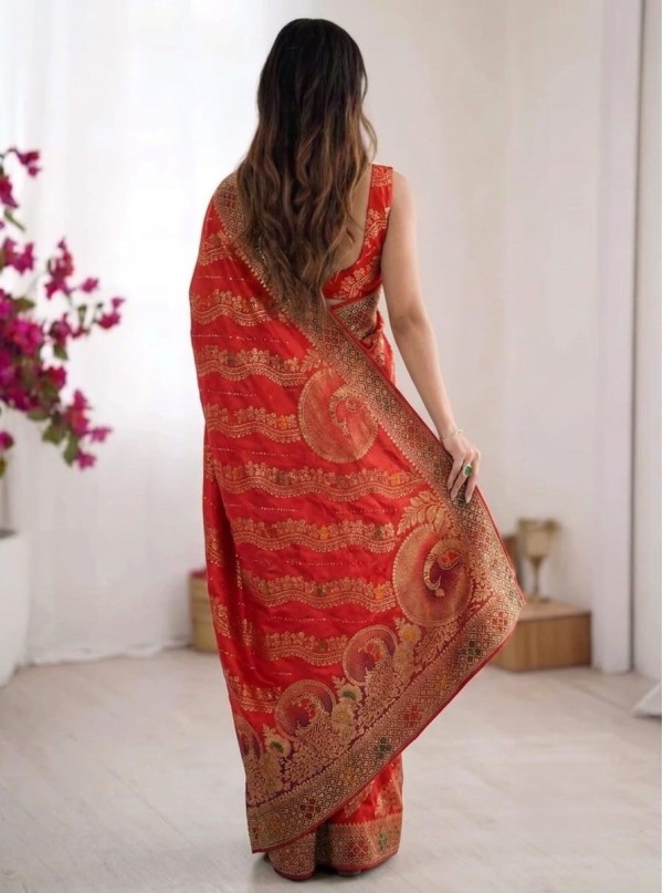 Red Banarasi Silk Saree with Leheriya Pattern & Peacock Zari Motifs