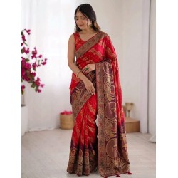 Red Banarasi Silk Saree with Leheriya Pattern & Peacock Zari Motifs