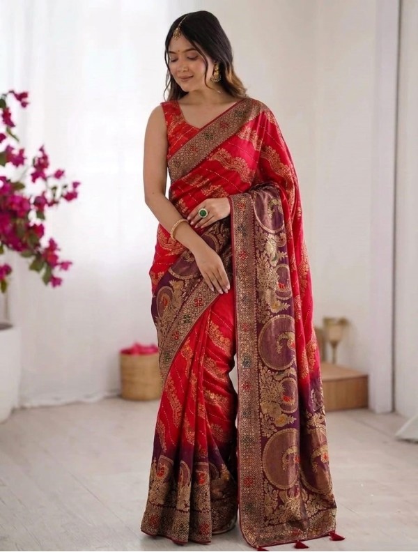 Red Banarasi Silk Saree with Leheriya Pattern & Peacock Zari Motifs