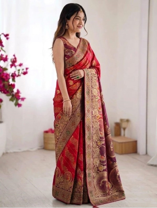 Red Banarasi Silk Saree with Leheriya Pattern & Peacock Zari Motifs