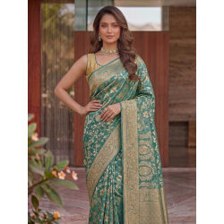Dusty Teal Green Dola Silk Saree with All-Over Gold Zari Floral Jaal & Traditional Woven Border