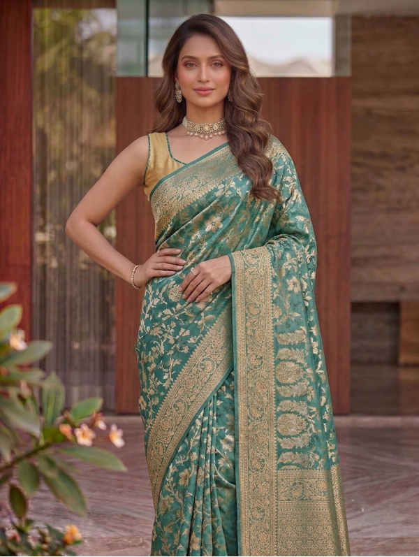 Dusty Teal Green Dola Silk Saree with All-Over Gold Zari Floral Jaal & Traditional Woven Border