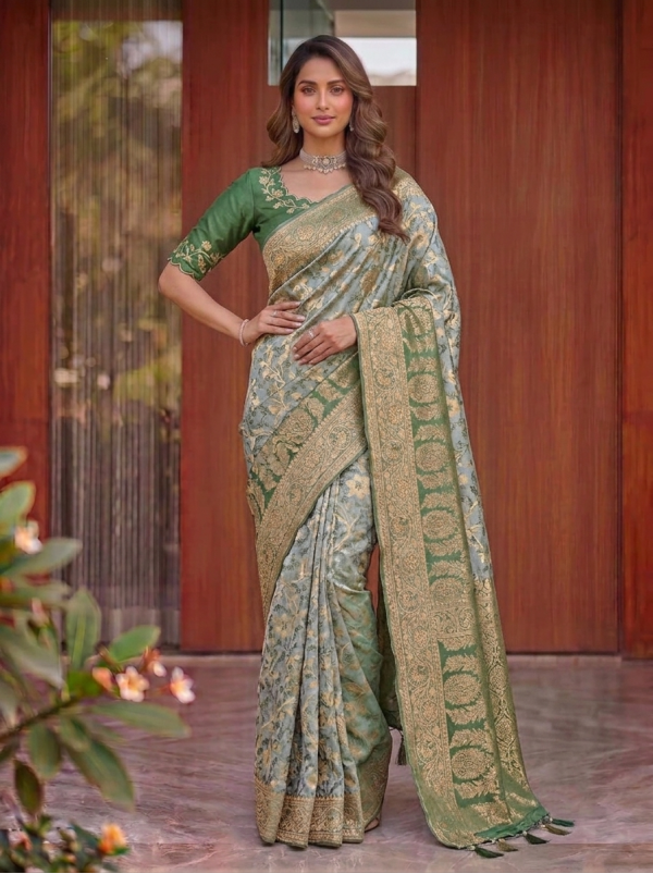 Dusty Teal Green Dola Silk Saree with All-Over Gold Zari Floral Jaal & Traditional Woven Border