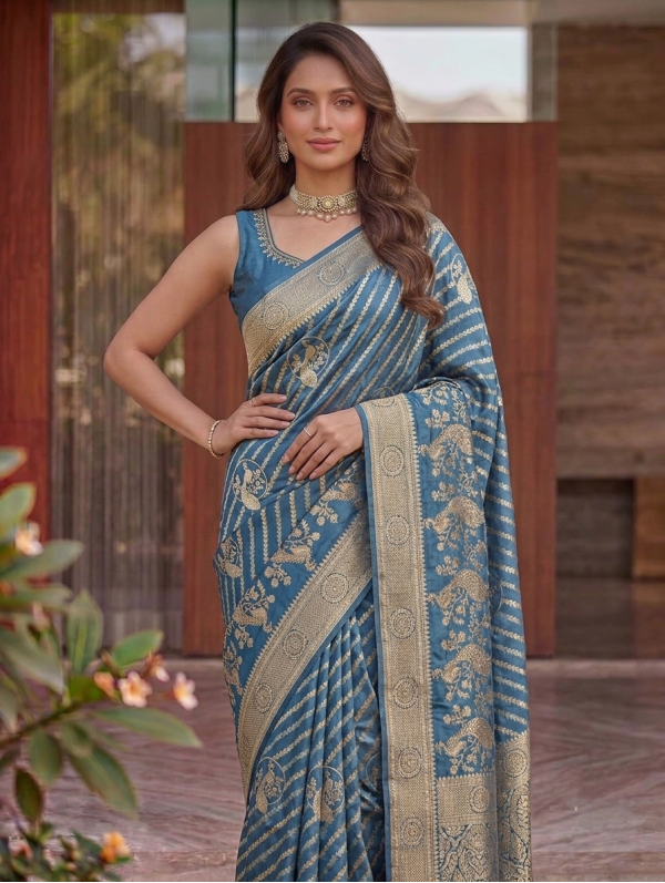 Dusty Blue Dola Silk Saree with Leheriya Waves & Gold Zari Peacock Motifs
