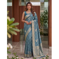 Dusty Blue Dola Silk Saree with Leheriya Waves & Gold Zari Peacock Motifs