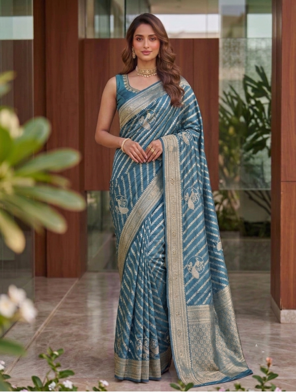 Dusty Blue Dola Silk Saree with Leheriya Waves & Gold Zari Peacock Motifs