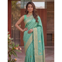 Sea Green Dola Silk Saree with All-Over Zari Buti & Woven Banarasi Border