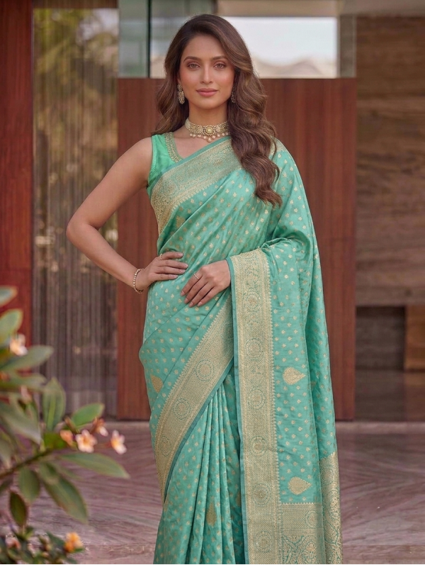 Sea Green Dola Silk Saree with All-Over Zari Buti & Woven Banarasi Border