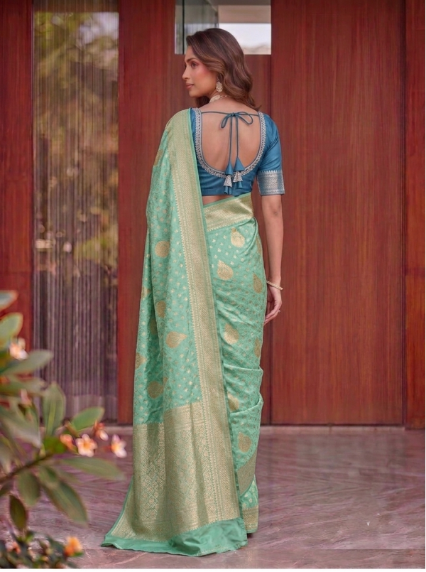 Sea Green Dola Silk Saree with All-Over Zari Buti & Woven Banarasi Border