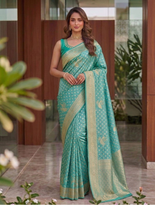 Sea Green Dola Silk Saree with All-Over Zari Buti & Woven Banarasi Border