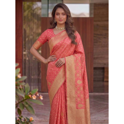 Peach Coral Dola Silk Saree with Geometric Zari Lattice Pallu & All-Over Buti