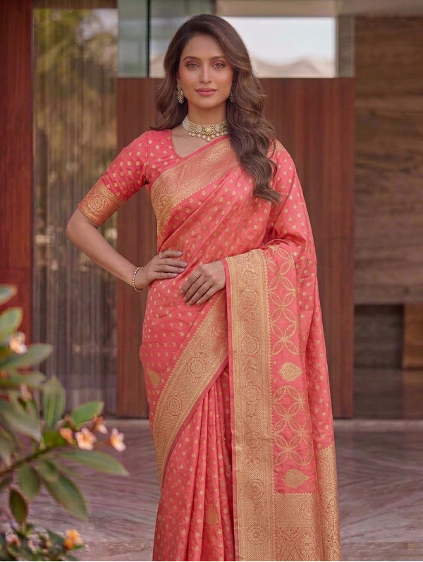 Peach Coral Dola Silk Saree with Geometric Zari Lattice Pallu & All-Over Buti