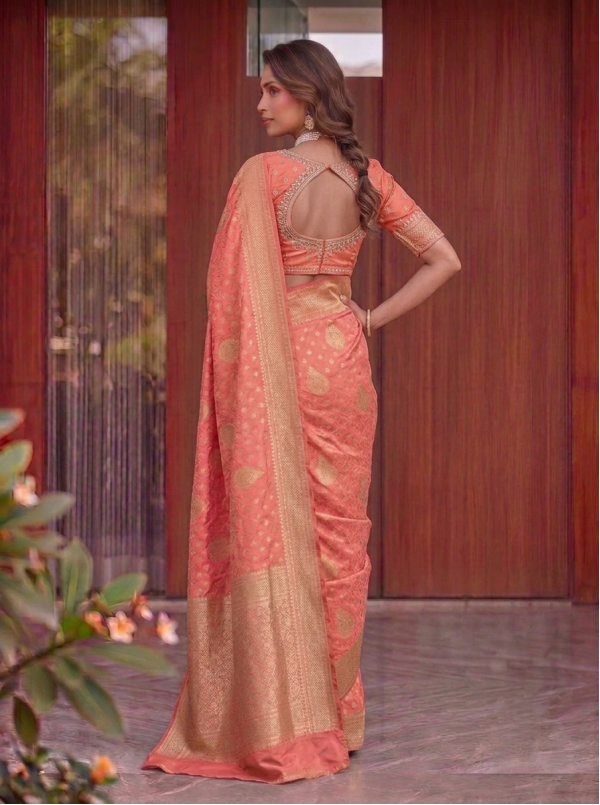 Peach Coral Dola Silk Saree with Geometric Zari Lattice Pallu & All-Over Buti