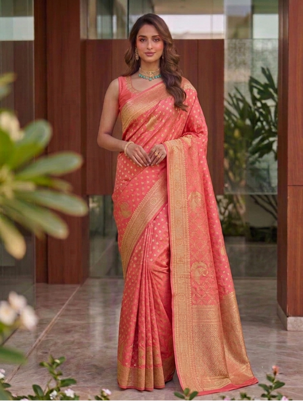Peach Coral Dola Silk Saree with Geometric Zari Lattice Pallu & All-Over Buti