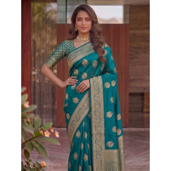 Teal Green Dola Silk Saree with Circular Peacock Zari Motifs & Traditional Border