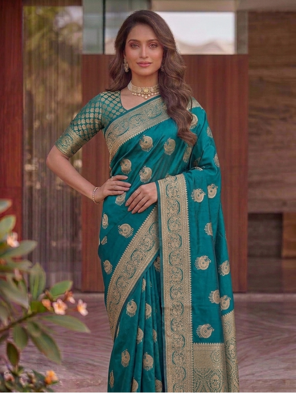 Teal Green Dola Silk Saree with Circular Peacock Zari Motifs & Traditional Border