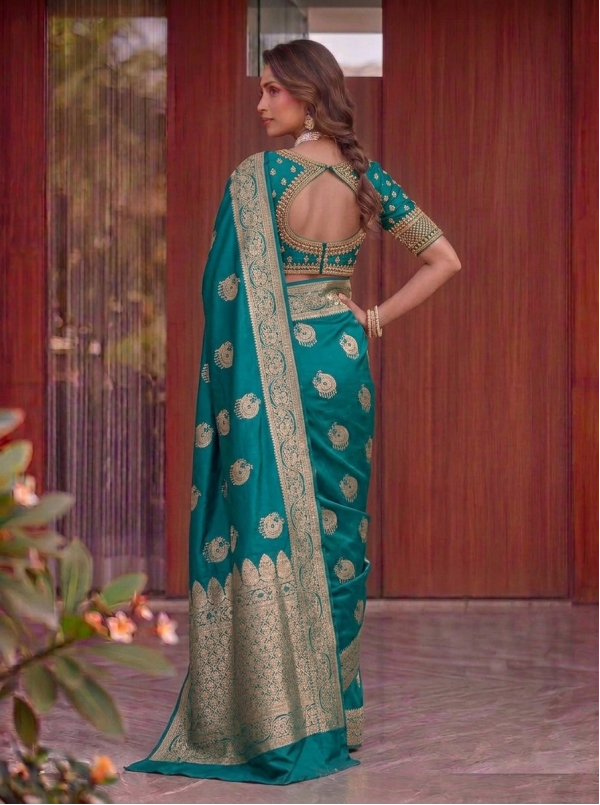 Teal Green Dola Silk Saree with Circular Peacock Zari Motifs & Traditional Border