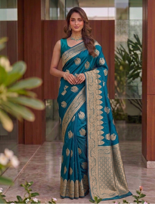 Teal Green Dola Silk Saree with Circular Peacock Zari Motifs & Traditional Border
