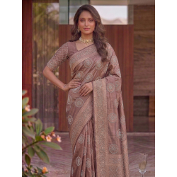 Dusty Taupe Brown Dola Silk Saree with Circular Pearl Embellished Motifs & Heavily Embroidered Border
