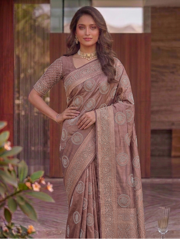 Dusty Taupe Brown Dola Silk Saree with Circular Pearl Embellished Motifs & Heavily Embroidered Border