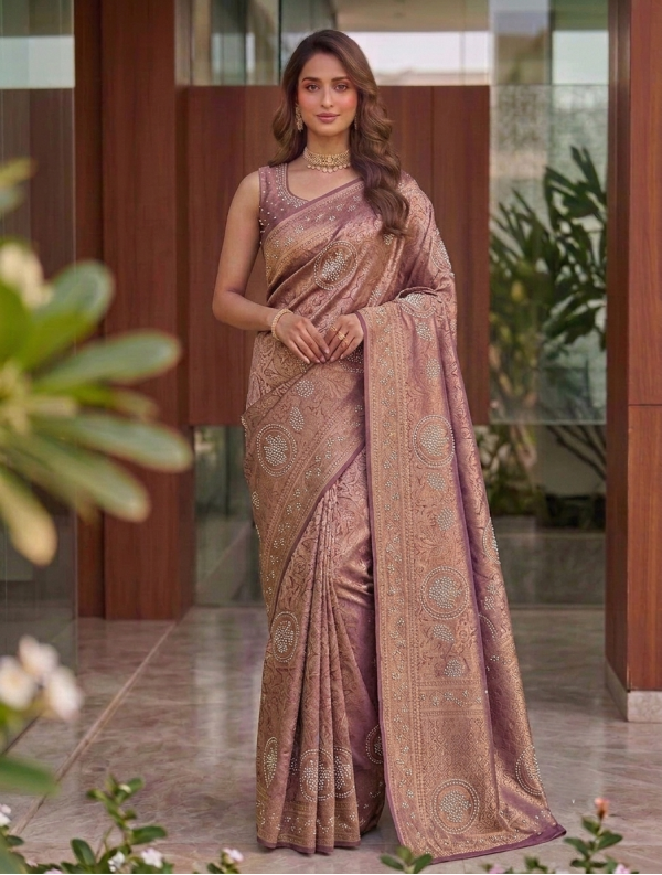 Dusty Taupe Brown Dola Silk Saree with Circular Pearl Embellished Motifs & Heavily Embroidered Border