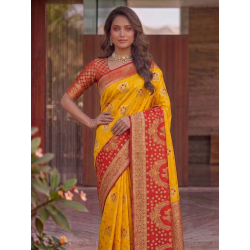 Bright Mustard Yellow Dola Silk Saree with Contrast Red Zari Border & Peacock Medallion Pallu