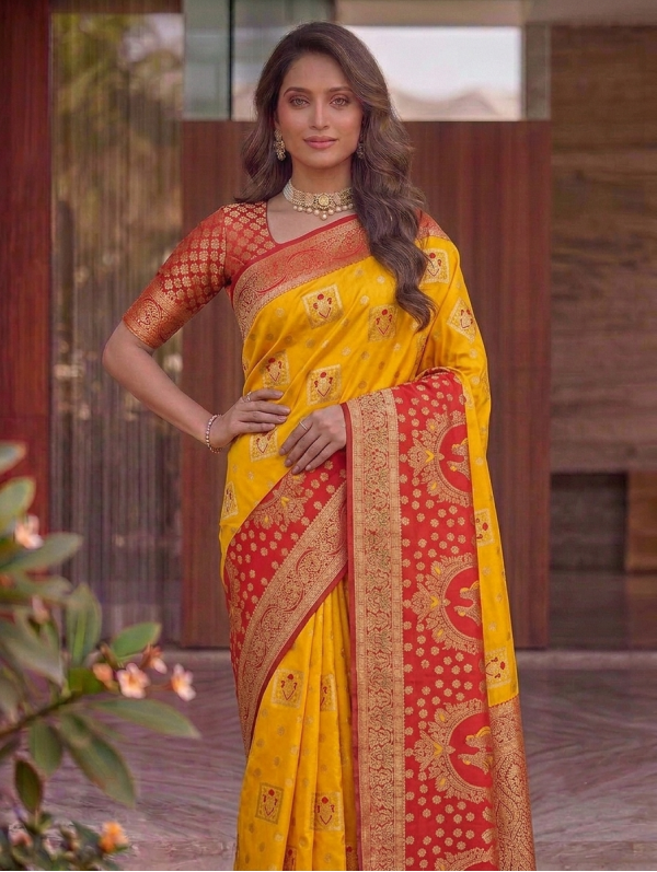 Bright Mustard Yellow Dola Silk Saree with Contrast Red Zari Border & Peacock Medallion Pallu