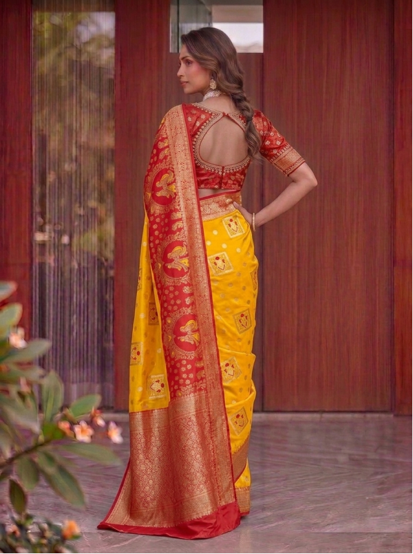 Bright Mustard Yellow Dola Silk Saree with Contrast Red Zari Border & Peacock Medallion Pallu