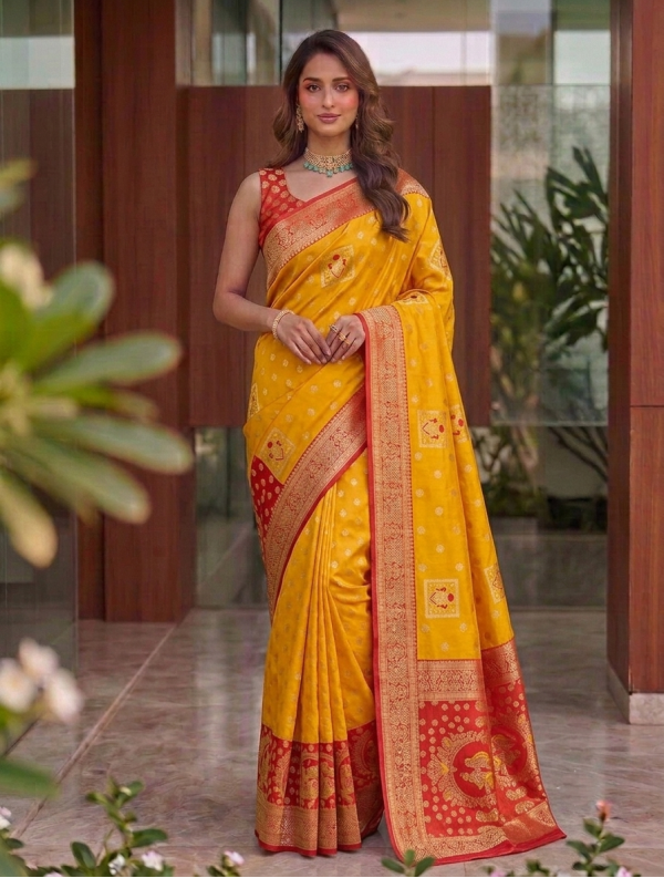 Bright Mustard Yellow Dola Silk Saree with Contrast Red Zari Border & Peacock Medallion Pallu