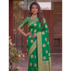 Emerald Green Dola Silk Saree with Circular Peacock Zari Motifs & Woven Border