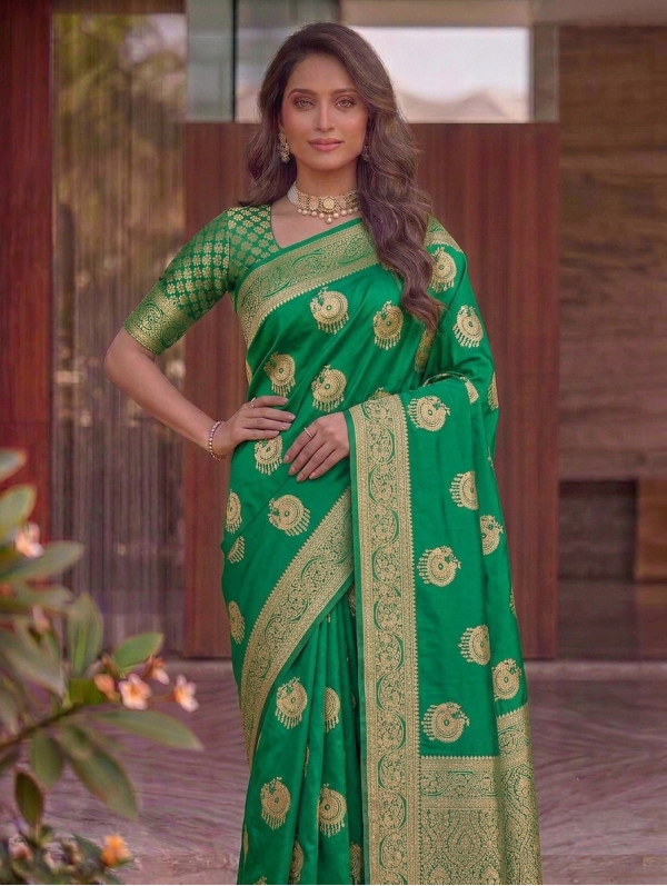 Emerald Green Dola Silk Saree with Circular Peacock Zari Motifs & Woven Border