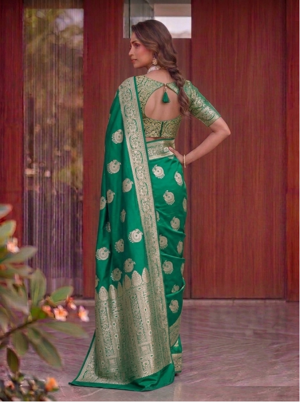 Emerald Green Dola Silk Saree with Circular Peacock Zari Motifs & Woven Border